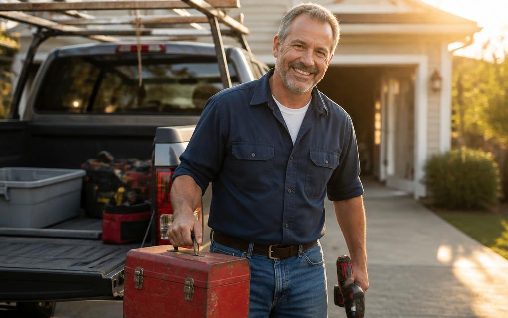 Brian smiling with his red toolbox in front of his pickup truck