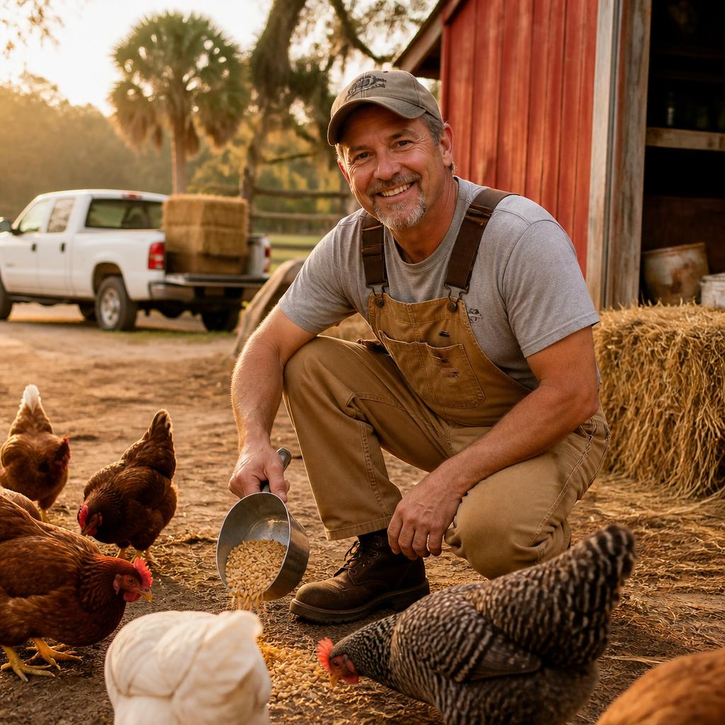 Brian feeding chickens near a barn on a Florida farm