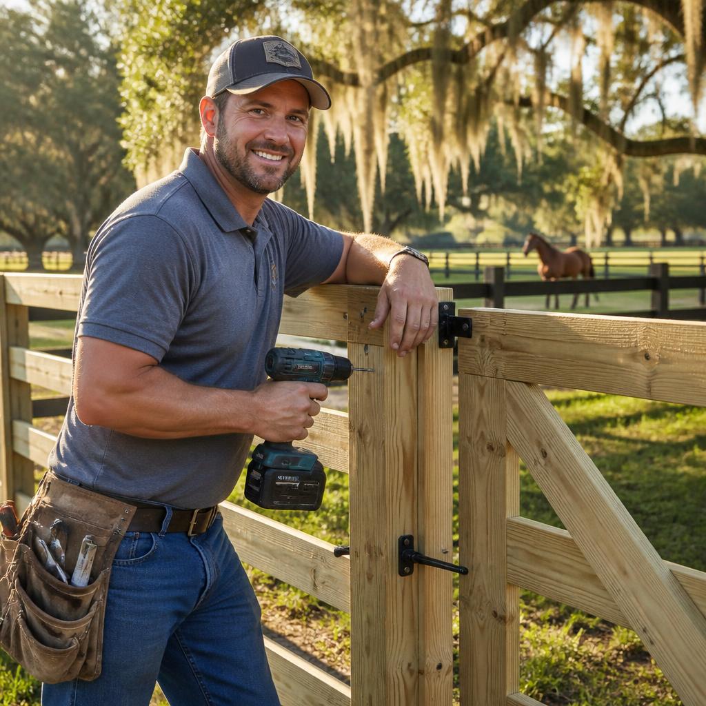 Brian professionally building a wooden fence and gate on a farm in Ocala, Florida