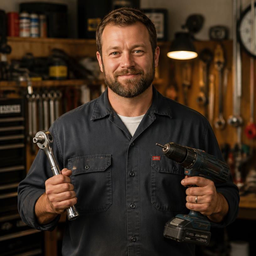 Brian holding a socket wrench and drill in his workshop