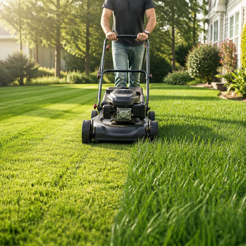 Lawn mower cutting fresh stripes in green grass