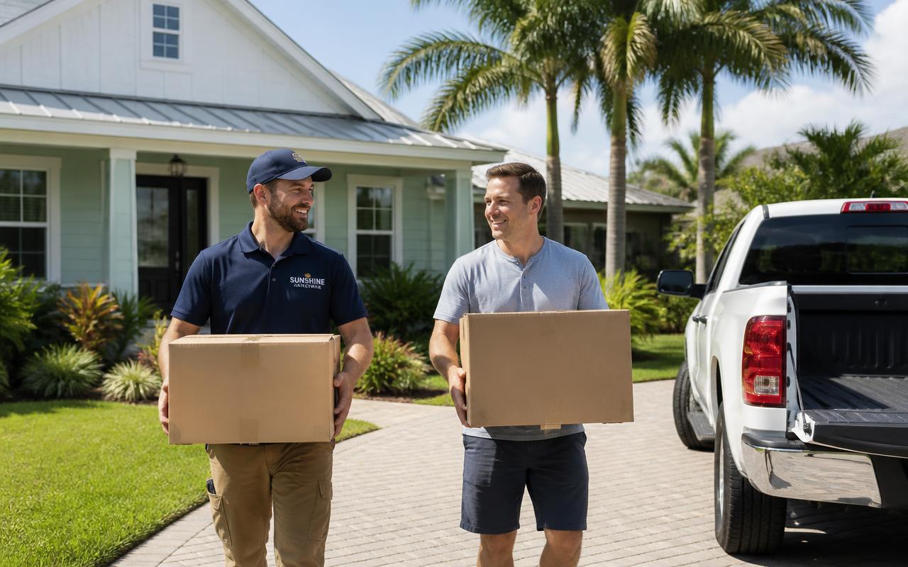 Moving help carrying boxes beside a pickup truck