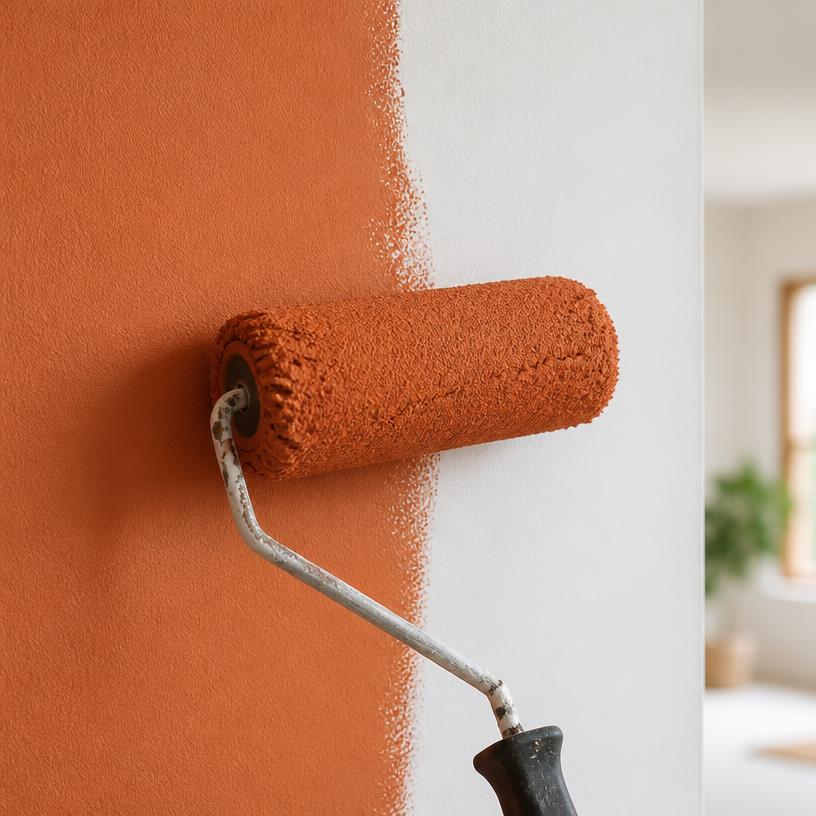 Paint roller applying warm terracotta paint to a wall